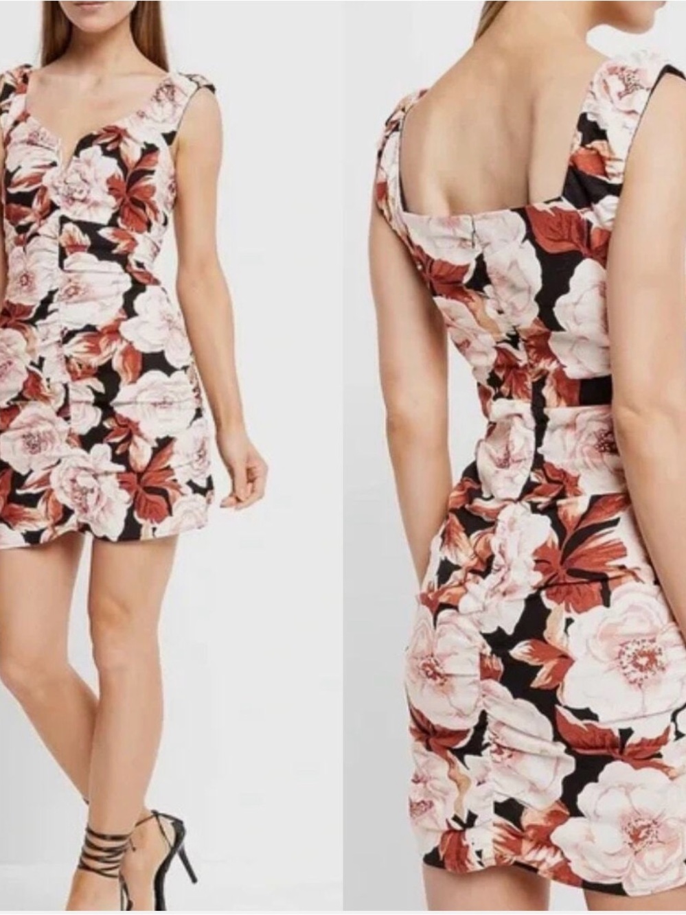 Express Floral Square-Neck Mini Dress - Black, Blush & Rust
